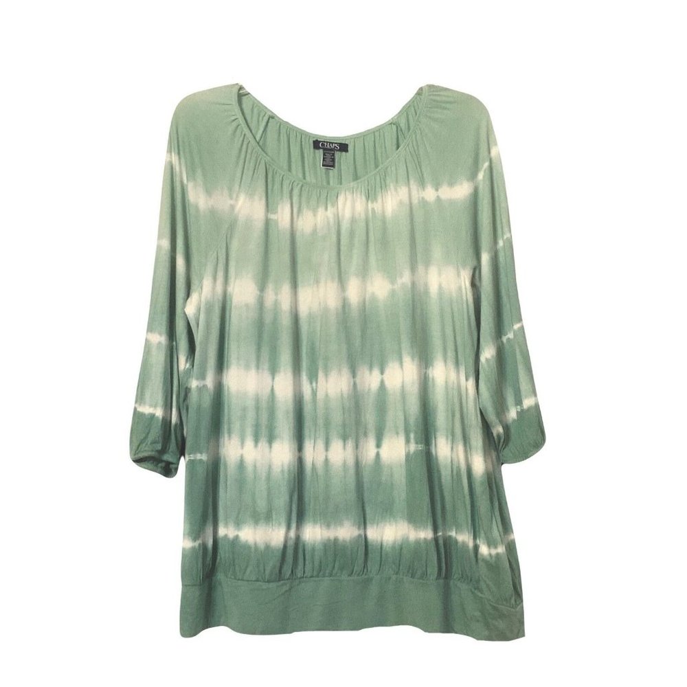 Chaps Blouse Womens Plus Size 2X Green White Tie Dye Woven Top Scoop Neck 3/4 Sl